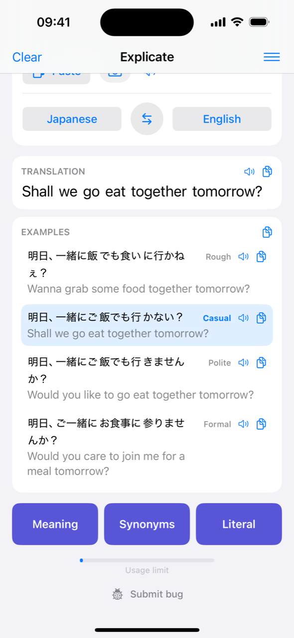 Tone examples: rough, casual, polite, and formal versions of a sentence
