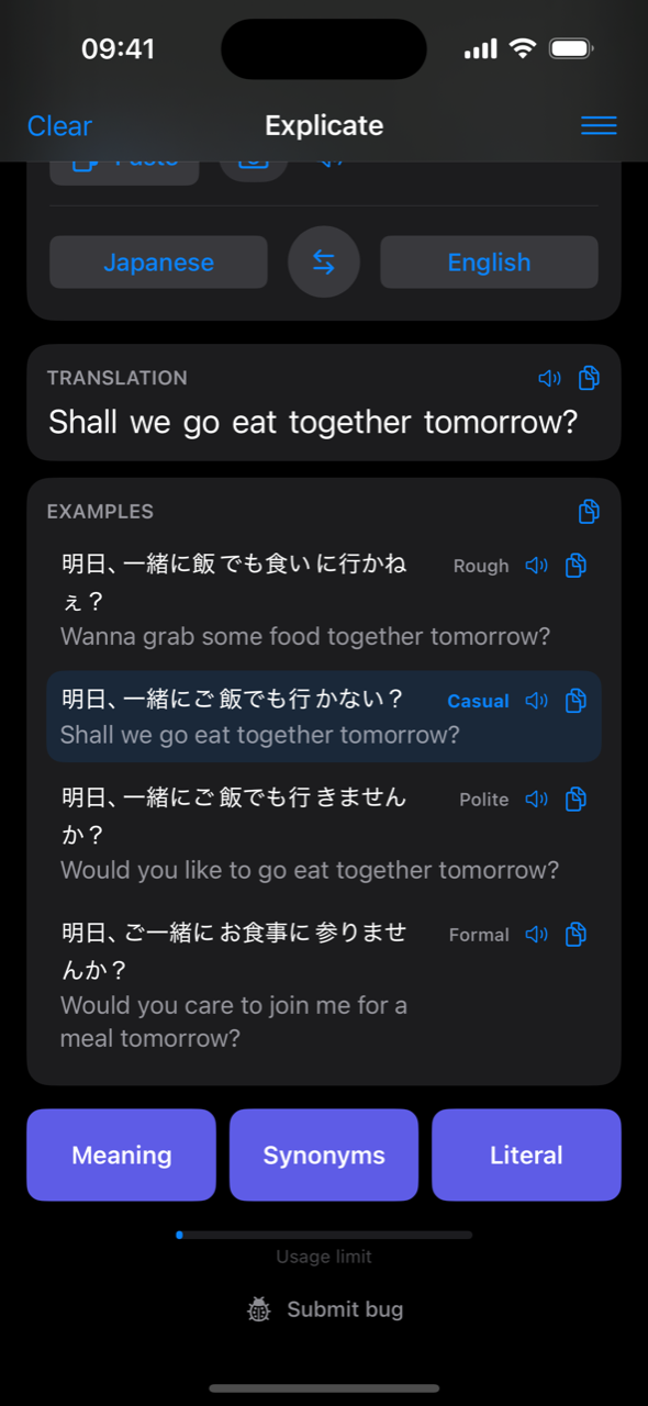 The same tone examples in dark mode