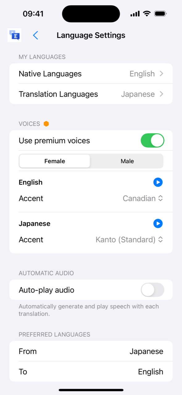 Language settings with premium voices and accent choices